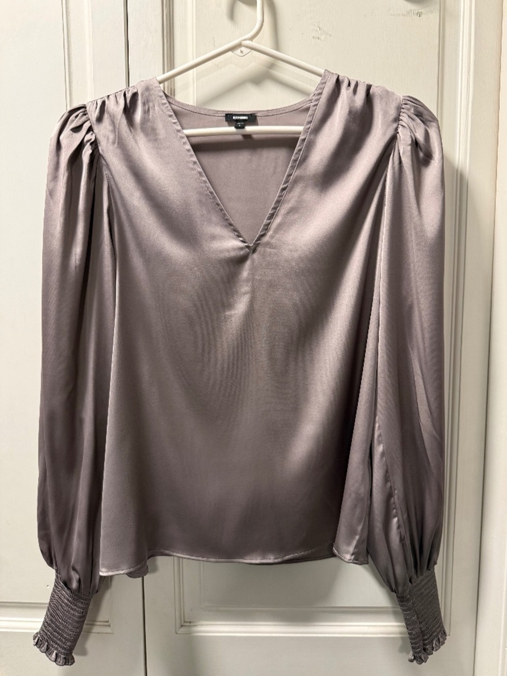 Express Satin Puff Sleeve V-Neck Blouse Taupe Size S